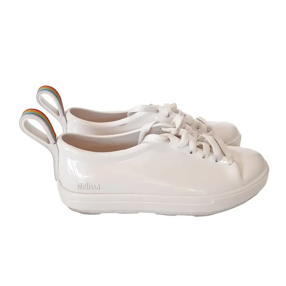Mini Melissa White Rainbow Stripe Gel Sneakers Girls 2 Lace Up Mel by Melissa